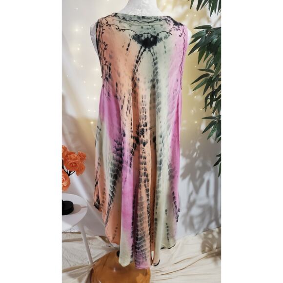 Henna VTG Embroidered Tie Dye Twirl Midi Dress Womens One Size Hippie Festival - Picture 3 of 13